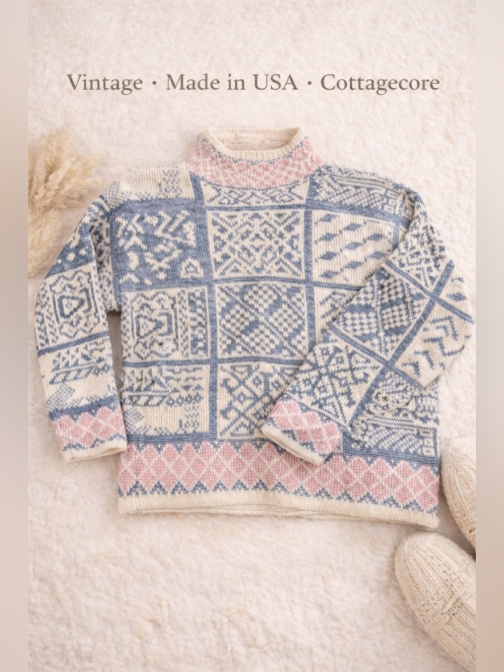 Vintage Cottagecore Premier Blue Pink Pullover 100% cotton Sweater, Small